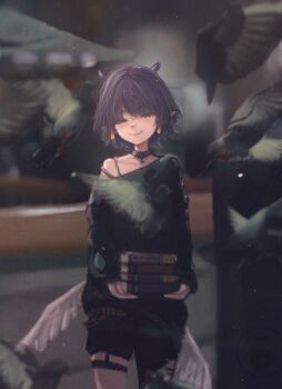 1girl absurdres asymmetrical_clothes belt bird black_belt black_choker black_pants black_sweater blurry blurry_background blush book book_stack bra_strap choker closed_mouth commentary cowboy_shot feathered_wings garter_straps gradient_hair highres holding holding_book hololive hololive_english long_sleeves looking_at_viewer low_wings making-of_available mole mole_under_eye multicolored_hair ninomae_ina'nis ninomae_ina'nis_(nu_udra) off_shoulder official_alternate_costume official_alternate_hairstyle orange_hair outdoors pants pigeon pointy_ears purple_eyes purple_hair short_hair sidelocks single_garter_strap single_off_shoulder single_pantsleg smile solo standing sweater taku_artworks tentacle_hair thigh_strap torn_clothes torn_pants two-tone_hair virtual_youtuber white_wings wings