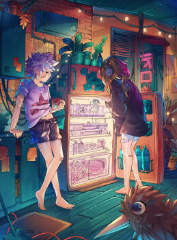 1boy 1girl air_conditioner arm_support artist_name bandaid bandaid_on_arm bandaid_on_cheek bandaid_on_face bandaid_on_knee bandaid_on_leg bandaid_on_neck barefoot bird black_hoodie black_shorts bottle brown_hair cabinet can carrot clothes_lift commentary counter cup dated drink_can drink_carton eggplant facing_away food fruit hair_ribbon headphones heel_up highres holding holding_can holding_cup hood hoodie indoors kiwi_(bird) leaning_back long_hair looking_at_viewer low_ponytail melon milk_carton mug navel neon_sign orange_ribbon original pink_hair pink_shirt plant ponytail potted_plant print_shirt profile refrigerator refrigerator_interior ribbon rug shirt shirt_lift short_hair shorts simz soda_bottle soda_can standing string_of_light_bulbs teabag window window_blinds wooden_floor