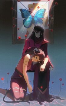 2girls adora_(she-ra) animal_ears black_hair bug butterfly cat_ears cat_girl cat_tail catra colored_skin commentary english_commentary grey_skin hair_over_eyes hand_on_another's_head insect kneeling lap_pillow masters_of_the_universe mismatched_sclera multiple_girls shadow_weaver she-ra_and_the_princesses_of_power sleeveless striped_skin tail youliqy