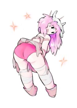 1girl ass bare_shoulders bent_over boots bra breasts chopsticks colored_skin female_focus full_body huge_ass looking_at_viewer mask neive open_mouth original panties pink_hair ponytail red_panties simx skirt skull smile solo teasing thick_thighs thighs torn_clothes tribal underwear upskirt white_background white_skin wide_hips