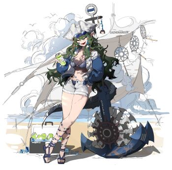 1girl absurdres anchor arknights azhenhgu beach bikini bikini_bottom_under_shorts bikini_under_clothes blue_bikini blue_jacket blue_sandals chainsaw closed_eyes cloud crocodilian_tail dreamcatcher drink facing_viewer fangs full_body gavial_(arknights) gavial_the_invincible_(arknights) gavial_the_invincible_(holiday)_(arknights) hand_on_own_hip hat highres holding holding_drink jacket leaning letterman_jacket open_mouth outdoors sail sandals shorts simple_background smile solo swimsuit tail thick_tail tricorne twitter_username white_background white_hat white_jacket white_shorts