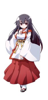 1girl akaneya black_hair breasts female_focus full_body hand_on_own_chest japanese_clothes large_breasts long_hair looking_at_viewer miko morioka_(oshiro_project) official_art okobo oshiro_project:re platform_sandals pleated_skirt red_eyes red_skirt sandals skirt smile solo thick_eyebrows transparent_background very_long_hair