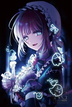 blue_fire bow brown_eyes candle candlestand dim_lighting fire frilled_sleeves frills ghost hat highres holding holding_candle holding_candlestand looking_at_viewer maid mob_cap mochizuki_honami official_alternate_costume official_alternate_hairstyle project_sekai sha_(euiorn) smile solo watermark wonderhorror~!?_na_kimodameshi!_(project_sekai)