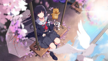 1girl absurdres bird black_choker black_hair black_jacket black_shirt black_skirt breasts chinese_commentary chisa_(wuthering_waves) choker closed_mouth commentary_request from_above highres jacket long_hair looking_up medium_breasts namipon_(wuthering_waves) neckerchief on_swing qianbihezhong red_eyes red_neckerchief sailor_collar shirt sitting skirt smile swing swing_set transparent transparent_umbrella umbrella white_bird white_sailor_collar white_umbrella wuthering_waves