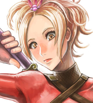 1girl blonde_hair bodysuit female_focus hair_ornament hair_up hairpin lips natsu_(soulcalibur) ninja nyaasora short_sword smile solo soul_calibur soulcalibur soulcalibur_v sword upper_body weapon yellow_eyes