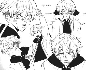 Rule 34 | 1boy, anger vein, earrings, greyscale, hair between eyes, highres, hood, hoodie, jewelry, long sleeves, looking at another, looking at viewer, male focus, matsuno chifuyu, monochrome, multiple views, ocolayapap, open mouth, short hair, simple background, single earring, solo, tokyo revengers, upper body, white background