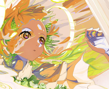 1girl abstract_background ascot close-up commentary_request floating_hair flower from_below hair_flower hair_ornament hand_up highres multicolored_eyes original parted_lips portrait warm_colored yi_ren_fen_mu