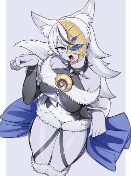 Rule 34 | 1girl, animal ear fluff, animal ears, bare shoulders, breasts, collar, colored skin, commentary request, crescent, duel monster, grey hair, grey skin, half mask, hands up, highres, kneeling, long hair, long sleeves, lunalight silver hound, mask, naruyan mk-ii, one eye covered, open mouth, solo, spiked collar, spikes, tail, tongue, tongue out, yu-gi-oh!