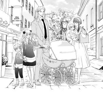 adoptive_parent_and_adoptive_child aged_up anya_(spy_x_family) blush closed_eyes couple earrings family father_and_daughter father_and_son greyscale hairband hetero hug husband_and_wife if_they_mated jacket jewelry monochrome mother_and_daughter mother_and_son multiple_boys multiple_girls pinkmilkg shirt sidelocks spy_x_family suit_jacket twilight_(spy_x_family) white_hairband white_shirt yor_briar