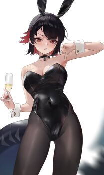 1girl alternate_costume animal_ears armpits bare_shoulders black_choker black_hair black_leotard black_pantyhose breasts choker cleavage commentary covered_navel cowboy_shot cup drinking_glass ellen_joe fake_animal_ears far_side fingernails fins fish_tail hand_up highres holding holding_cup leotard light_blush long_fingernails looking_at_viewer medium_breasts multicolored_hair nail_polish pantyhose parted_bangs playboy_bunny rabbit_ears red_eyes red_hair red_nails shark_girl shark_tail solo strapless strapless_leotard tail thumbs_down white_background wine_glass zenless_zone_zero