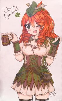1girl absurdres alcohol bag beer beer_mug belt belt_buckle black_belt bow bowtie bracer bridal_gauntlets buckle cauldron character_name clover clover_carnival_(miracle_nikki) coin collared_shirt commentary cowboy_shot cross-laced_clothes cross-laced_dress crossed_belts cup dot_nose dress drill_hair drink earrings english_commentary eyeshadow flower four-leaf_clover frilled_bridal_gauntlets frilled_shirt frills gold_buckle gold_coin green_bow green_bowtie green_bridal_gauntlets green_dress green_eyes green_eyeshadow green_hat green_pupils hair_between_eyes happy hat hat_feather hat_flower highres holding holding_drink jewelry light_blush long_hair makeup miracle_nikki mug nikki_(series) one_eye_closed one_side_up open_mouth orange_hair pleated_dress puffy_short_sleeves puffy_sleeves saint_patrick&#039;s_day shirt shirt_under_dress short_dress short_sleeves shoulder_bag smile solo standing stud_earrings thighhighs traditional_media tsurime twin_drills white_flower white_shirt white_thighhighs yamisaan zettai_ryouiki