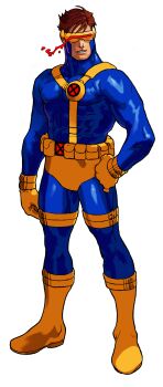Rule 34 | 1990s (style), 1boy, abs, absurdres, bengus, blue bodysuit, bodysuit, boots, brown hair, cyclops (x-men), full body, game cg, gloves, hand on own hip, head-mounted display, highres, male focus, marvel vs. capcom, muscular, muscular male, non-web source, official art, parted lips, pectorals, retro artstyle, short hair, simple background, solo, standing, superhero costume, teeth, western comics (style), white background, x-men vs. street fighter, yellow boots, yellow gloves
