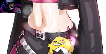 1girl belt black_belt black_jacket black_skirt character_doll close-up condom crop_top cropped_jacket derivative_work doll game_screenshot grizzbolt highres jacket kurosu169 long_sleeves loose_belt midriff navel open_clothes open_jacket palworld pink_shirt screenshot_redraw shirt skirt solo steaming_body stomach sweat used_condom zoe_rayne