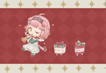 1girl ahoge animal_ears argyle_background argyle_clothes argyle_hairband arknights backpack bag border bow braid braided_hair_rings brown_bag brown_shoes cat_ears cat_girl cat_tail chibi chinese_commentary christmas commentary_request detached_sleeves expressive_hair fake_wings floppy_ears footwear_bow fox39367 fur-trimmed_shirt fur-trimmed_sleeves fur_trim gift goldenglow_(arknights) goldenglow_(maiden_for_the_bright_night)_(arknights) green_bow green_hairband green_sleeves green_vest hair_bow hair_ornament hair_rings hairband hairclip highres holding holding_instrument holding_trumpet instrument layered_sleeves leg_up letterboxed long_skirt long_sleeves multiple_hair_bows music official_alternate_costume one_eye_closed outline pantyhose pink_hair playing_instrument pleated_skirt pom_pom_(clothes) red_background red_bow red_shirt shirt shoes short_hair single_stripe skirt sleeve_bow sparkle striped_bow tail tail_bow tail_ornament trumpet vest walking white_border white_bow white_outline white_pantyhose white_skirt white_wings wings x_hair_ornament