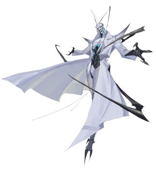 Rule 34 | 1boy, absurdres, animal feet, animal hands, antennae, arthropod boy, arthropod limbs, black sclera, blue eyes, chinese commentary, claws, coat, collared coat, colored sclera, fewer digits, full body, grin, highres, humanoid robot, leviair, long coat, long sleeves, looking at viewer, male focus, open clothes, open coat, original, outstretched arms, robot, sharp teeth, simple background, smile, solo, teeth, white background, white coat