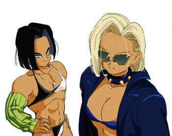 1boy 1girl alternate_costume alternate_skin_color android_17 android_18 bikini black_hair blazer blonde_hair blue_bra blue_jacket blue_pupils bob_cut bra breasts cal_monssi choker cleavage collarbone copyright_request covered_eyes crossdressing crossdressing_(mtf) detached_sleeves earrings green_sleeves hand_on_own_hip hoop_earrings jacket jewelry looking_at_viewer multicolored_bikini necklace open_clothes open_jacket open_mouth pendant short_hair siblings smile spiked_choker spikes stomach sunglasses swimsuit tan underwear