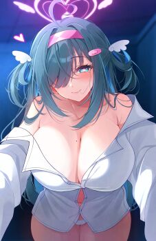 amano_nene_(vtuber) bare_shoulders blue_eyes blue_hair blurry blurry_background breasts cleavage commentary cowboy_shot hair_over_one_eye halo hashtag-only_commentary heart heart-shaped_pupils heart_halo highres indie_virtual_youtuber indoors large_breasts looking_at_viewer midori_(midori13579) mole mole_under_eye off_shoulder panties pink_halo shirt symbol-only_commentary symbol-shaped_pupils underwear white_panties white_shirt
