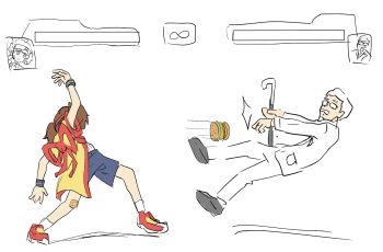 1boy 1girl arm_up back_bow battle black_footwear black_shorts bow burger colonel_sanders commentary_request crossover imadake_dabuchi_tabemi employee_uniform facial_hair falling fast_food_uniform fighting_game food formal_clothes full_body gameplay_mechanics health_bar highres jacket kfc m.u.g.e.n mcdonald&#039;s motion_lines mustache old old_man pants pocket red_bow red_footwear sagami_sagari short_sleeves shorts simple_background sketch suit throwing vs white_background white_hair white_jacket white_pants white_suit wrist_cuffs