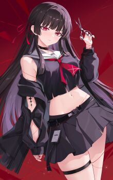 1girl absurdres arm_cutout black_choker black_hair black_jacket black_serafuku black_skirt blush breasts chisa_(wuthering_waves) choker closed_mouth clothing_cutout crop_top hair_ribbon highres holding holding_scissors jacket long_hair long_sleeves looking_at_viewer medium_breasts midriff mole mole_under_eye navel neckerchief off_shoulder red_background red_eyes red_neckerchief red_ribbon ribbon sailor_collar school_uniform scissors serafuku skirt solo tacet_mark_(wuthering_waves) thigh_strap thighs very_long_hair white_sailor_collar wuthering_waves xiongji_z_z