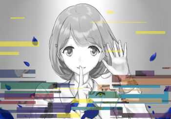 aikawa_miyuu bob_cut coat finger_to_mouth glitch gloves grin hair_ornament hairclip hashigami_sarai heart heart_hair_ornament kisaki_asuna kurenaino_aria kusakabe_kiryuu looking_at_viewer marsirome medium_hair moritsuka_shun narusawa_ryouka nishizono_ririka occultic;nine official_art_inset science_adventure shushing smile sumikaze_touko waving white_gloves