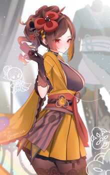 1girl absurdres black_pantyhose blonde_hair blush breasts brown_gloves brown_hair chiori_(genshin_impact) commentary_request from_side genshin_impact geo_symbol_(genshin_impact) gloves hair_ornament hand_up highres holding holding_string large_breasts looking_at_viewer looking_to_the_side multicolored_hair nyamo-lv0 pantyhose red_eyes red_hair red_sash sash solo string twitter_username vision_(genshin_impact)