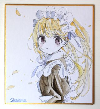 1girl absurdres apron artist_name black_dress blonde_hair collared_dress dress from_side highres juliet_sleeves long_hair long_sleeves looking_at_viewer looking_to_the_side maid neck_ribbon original petals photo_(medium) ponytail puffy_sleeves purple_eyes ribbon sha2mo signature solo traditional_media very_long_hair white_apron white_ribbon