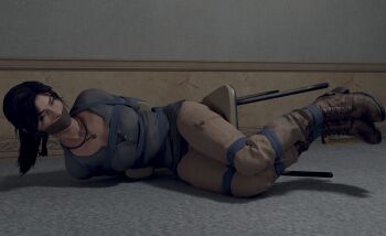 1girl 3d absurdres arms_behind_back bdsm bondage bound bound_ankles bound_legs breast_bondage breasts brown_hair chair closed_eyes cloth_gag gag gagged highres improvised_gag jewelry lara_croft necklace cloth_gag rope sitting skvrwiel tied_to_chair tomb_raider tomb_raider_(reboot)