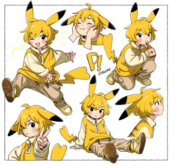 1girl :&lt; :d ahoge animal_ears arm_support artist_name blonde_hair border bottle cheek_press closed_eyes ears_down electricity english_text from_side gen_1_pokemon hand_up holding holding_bottle jacket ketchup ketchup_bottle kneeling looking_at_viewer looking_up multiple_views nintendo on_one_knee one_eye_closed open_mouth oversized_clothes pants personification pikachu pikachu_ears pikachu_tail pokemon pokemon_tail profile rem_(tsulala) shoes short_eyebrows short_hair simple_background sitting smile sneakers solo squishing sweatpants tail twitter_username v v-shaped_eyebrows white_background yellow_eyes yellow_jacket yellow_shoes