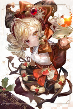 1girl bell bell_earrings black_boots black_hat black_skirt black_thighhighs blonde_hair boots border bow center_frills christmas closed_mouth commentary_request corset cup demon_tail drill_hair earrings food frilled_hairband frills fruit full_body hair_bow hairband hat heterochromia high_heel_boots high_heels highres holding holding_saucer holly inset_border jester_cap jewelry komorihikki lace lace-trimmed_skirt lace_trim light_particles long_hair long_sleeves looking_at_viewer nail_polish original ornate_border pleated_skirt red_bow red_corset red_eyes red_nails saucer shirt skirt solo star_(symbol) strawberry swept_bangs tail tea teacup thighhighs twin_drills twintails white_background white_shirt yellow_eyes