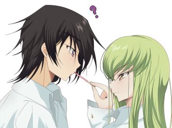 1boy 1girl ? assertive_female black_hair budgiepon c.c. close-up closed_mouth code_geass collared_shirt commentary_request couple eye_contact eyelashes food food_in_mouth from_side green_hair hair_between_eyes hand_up hetero highres lelouch_vi_britannia light_blush long_hair long_sleeves looking_at_another nose pocky pocky_in_mouth pocky_kiss profile purple_eyes shared_food shirt short_hair sidelocks simple_background smile spiked_hair straight_hair white_background white_shirt yellow_eyes