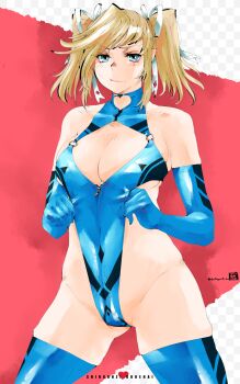 Rule 34 | 1girl, artist request, blonde hair, blue eyes, blue leotard, breasts, curvy, elbow gloves, gloves, highleg, highleg leotard, large breasts, leotard, long hair, revealing clothes, shinganji kurenai, shiny skin, simple background, solo, standing, taimanin (series), taimanin kurenai, thong leotard, twintails, wide hips