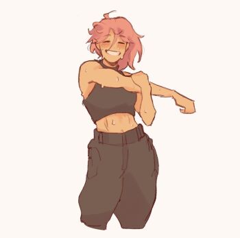 Rule 34 | 1girl, = =, asymmetrical hair, blush, breasts, brown pants, closed eyes, commentary, crop top, cropped legs, dream smp, english commentary, grey shirt, grin, hair between eyes, hand on own arm, highres, medium hair, messy hair, midriff, minecraft youtube, nihachu, pants, pink hair, shirt, simple background, sleeveless, sleeveless shirt, smile, solo, stretching, sweat, syrisun, teeth, toned, toned female, white background