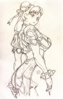 1girl absurdres ass bracelet breasts brown_eyes bun_cover capcom china_dress chinese_clothes chun-li double_bun dress graphite_(medium) hair_bun highres i4teruz jewelry pantyhose pelvic_curtain sash sketch solo spiked_bracelet spikes street_fighter thick_thighs thighs traditional_media