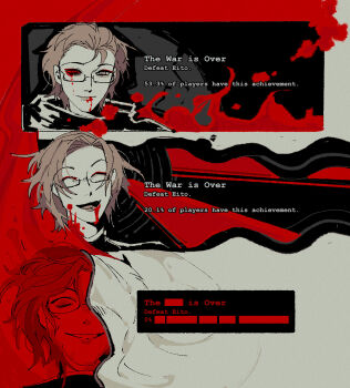 1boy aotsuki_eito black_coat blending blood blood_from_mouth bloody_tears brown_hair censored censored_text closed_eyes coat commentary english_commentary evil_smile gameplay_mechanics glasses grin highres huasira last_defense_academy_school_uniform limited_palette looking_at_viewer male_focus missing_eye school_uniform short_hair smile spoilers the_hundred_line_-last_defense_academy-