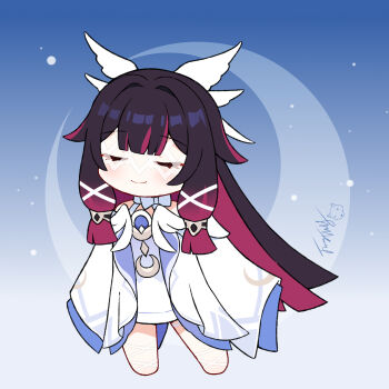 1girl chinese_commentary closed_eyes columbina_(genshin_impact) commentary_request deformed dress eye_mask genshin_impact highres langbazi mask multicolored_hair smile solo variant_set white_dress