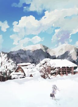 1girl bare_tree barn black_pantyhose blue_sky boots capelet chinese_commentary cloud cloudy_sky commentary_request day eris_(pixiv11768552) floating_hair footprints frieren grey_boots grey_capelet grey_hair grey_skirt highres hill holding holding_suitcase house long_hair outdoors pantyhose scenery skirt sky snow solo sousou_no_frieren suitcase tree twintails walking wide_shot winter