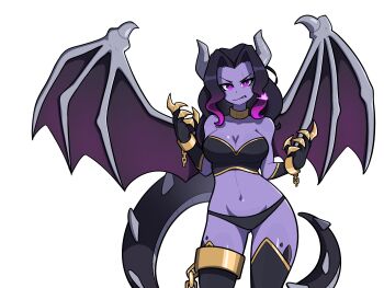 1girl absurdres bare_shoulders black_hair black_thighhighs breasts bright_pupils cleavage clenched_teeth collarbone colored_skin dragon_girl dragon_horns dragon_tail ender_dragon gradient_hair highres horns large_breasts long_hair looking_at_viewer minecraft mole mole_under_eye muds multicolored_hair navel personification purple_eyes purple_hair purple_skin simple_background solo tail teeth thighhighs two-tone_hair white_background white_pupils