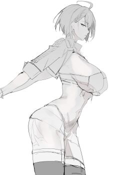 1girl absurdres ahoge azur_lane baltimore_(azur_lane) baltimore_(finish_line_flagbearer)_(azur_lane) bikini braid breasts commentary cropped_jacket english_commentary eyepatch_bikini from_side greyscale hair_behind_ear highleg highleg_bikini highres large_breasts looking_to_the_side micro_shorts monochrome porroll race_queen short_hair shorts side_braid sideboob sketch solo swimsuit thighhighs