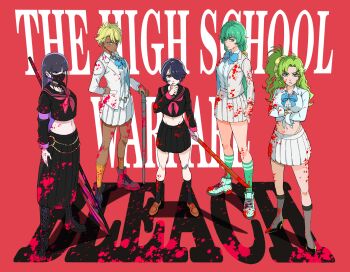 5girls absurdres aqua_eyes aqua_hair bandaid bandaid_on_cheek bandaid_on_face belt black_boots black_choker black_eyes black_hair black_mask black_serafuku black_shirt black_shoes black_skirt black_socks blazer bleach bleach:_sennen_kessen-hen blonde_hair blood blood_on_clothes blood_on_face blood_splatter bloody_weapon blue_bow blue_bowtie boots bow bowtie bracelet brown_shoes candice_catnipp choker commentary copyright_name crop_top crossed_arms dark-skinned_female dark_skin delinquent earrings english_commentary female_focus full_body green_eyes green_hair green_socks hair_bow hair_over_one_eye highres holding holding_scythe holding_sword holding_weapon jacket jewelry knee_boots kneehighs kuchiki_rukia kurotsuchi_nemu lace-up_boots lead_pipe loafers long_hair low_twintails mask matching_hair/eyes midriff miniskirt mouth_mask multiple_earrings multiple_girls navel neckerchief nelliel_tu_odelschwanck o-ring o-ring_belt official_alternate_costume one_side_up parted_lips red_background red_neckerchief sailor_collar school_uniform scythe serafuku shaolong shirt shoes short_hair skirt sneakers socks standing straight_hair sukeban sword tier_harribel twintails very_long_hair weapon white_jacket white_shirt white_skirt wing_collar wooden_sword yellow_bow yellow_socks