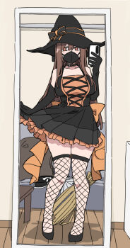 1girl absurdres bare_shoulders black_mask breasts broom brown_eyes brown_hair cellphone choker durindana_7 fishnets hat highres holding holding_broom large_breasts mirror_selfie original phone rina_(durindana_7) selfie smartphone tagme thighs witch_hat