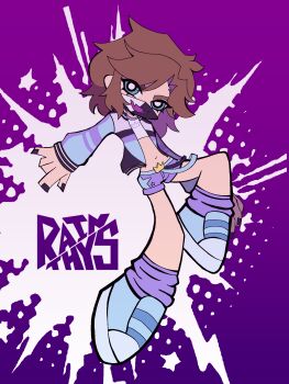 Rule 34 | 1other, androgynous, aqua eyes, black nails, blue shoes, commentary, crop top, cropped jacket, crown (symbol), english commentary, full body, highres, indie virtual youtuber, jacket, looking at viewer, mask, midriff, mouth mask, navel, open clothes, open jacket, other focus, panty &amp; stocking with garterbelt, parody, purple background, purple shorts, rainthys, ranboo, ranboo (r800), ranboo (r800) (1st costume), shirt, shoes, short hair, shorts, sneakers, solo, style parody, virtual youtuber, white shirt