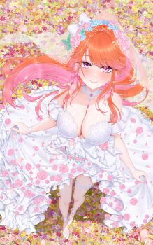 1girl absurdres alternate_costume bare_shoulders breasts bridal_veil bride cleavage clothes_lift commentary commission dress earrings english_commentary feather_earrings feathers field flower flower_field griliova hair_flower hair_ornament highres hololive hololive_english jewelry large_breasts lifting_own_clothes long_hair looking_at_viewer multicolored_hair orange_hair outdoors pink_hair purple_eyes rose skirt skirt_lift smile solo strapless takanashi_kiara tiara veil virtual_youtuber wedding_dress white_dress