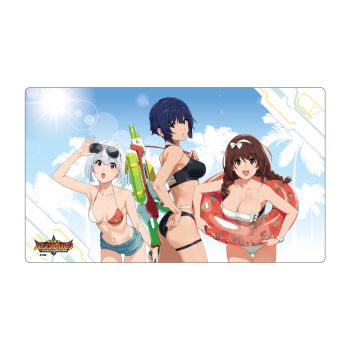3girls adjusting_clothes adjusting_eyewear adjusting_swimsuit back bare_shoulders bikini black_bikini black_hair blush bow braid braided_ponytail breasts brown_hair cleavage collarbone copyright_name cowboy_shot eyewear_on_head gradient_background green_eyes hair_bow hairband hibiki_rio highres huge_breasts kamo_kamen large_breasts long_hair looking_at_viewer lulu_(bang_bravern) medium_breasts medium_hair merchandise_available midriff miyu_katou multicolored_bikini multiple_girls navel official_art open_mouth outdoors palm_tree purple_eyes red_eyes ribbon short_hair short_shorts shorts sideboob smile sunglasses swim_ring swimsuit thigh_gap thigh_strap thighs tree twin_braids two-tone_bikini watch water_gun white_bikini white_bow white_hair wristwatch yuuki_bakuhatsu_bang_bravern