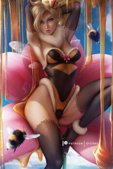 2020 armpits arms_behind_head artist_name asymmetrical_hair bee blonde_hair blue_eyes blue_sky breasts bug cleavage cloud crown dated earrings elbow_gloves flower fur-trimmed_corset fur-trimmed_leotard fur_scarf fur_trim gloves gold_trim groin_tendon highleg highleg_leotard honey honeycomb_(pattern) honeycomb_print insect insect_wings jewelry leg_up leotard looking_at_viewer mercy_(overwatch) mini_crown olchas on_flower outdoors overwatch overwatch_1 paid_reward_available parted_bangs patreon_logo patreon_username ponytail presenting_armpit see-through_clothes see-through_legwear sheer_gloves signature sitting sitting_on_flower sitting_on_object sky solo striped_clothes striped_leotard swept_bangs thighhighs wings