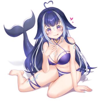 1girl :q aesice ahoge animal_collar animal_ears arm_support arm_tattoo belt_collar bikini black_hair blue_bikini blue_collar blue_hair blue_nails blush body_markings breasts cat_ears cetacean_tail chest_tattoo cleavage collar commentary criss-cross_halter droopy_ears fins fish_tail halterneck hand_on_own_chest heart heart_ahoge highres indie_virtual_youtuber large_breasts licking_lips long_hair looking_at_viewer multicolored_hair nail_polish official_alternate_costume orca_girl purple_eyes shylily shylily_(bikini) sitting solo streaked_hair striped_bikini striped_clothes swimsuit tail tattoo thigh_strap thighs tongue tongue_out two-tone_hair very_long_hair virtual_youtuber white_hair white_streaks yokozuwari
