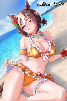 1girl absurdres animal_ears bare_shoulders beach bead_necklace beads bikini black_hair blue_sky blush bouncing_breasts breasts cleavage cloud cloudy_sky commentary detached_sleeves ear_flower frilled_bikini frills hands_up highres horizon horse_ears horse_girl horse_tail jewelry large_breasts looking_at_viewer necklace nekroz7 ocean official_alternate_costume on_ground orange_bikini outdoors plaid_bikini plaid_clothes puffy_sleeves purple_eyes short_hair sky smile solo special_week_(hopp&#039;n_happy_heart)_(umamusume) special_week_(umamusume) swimsuit tail umamusume unaligned_breasts white_hair white_streaks wrist_flower