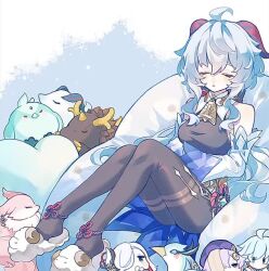 1girl ahoge animal_slippers animated audible_music bare_shoulders bean_bag_chair bell blue_hair blue_skirt blush bodystocking breasts character_doll chinese_knot chongyun_(genshin_impact) cloud_background cloud_retainer_(genshin_impact) detached_sleeves doll ganyu_(genshin_impact) genshin_impact goat_horns gold_trim hair_between_eyes heart heart-shaped_pillow horns knees_up kun_(user_ahgn2825) long_hair long_sleeves music neck_bell parted_lips pillow purple_eyes qilin_(mythology) qiqi_(genshin_impact) rex_lapis_(genshin_impact) shenhe_(genshin_impact) sidelocks skirt sleeping slippers small_breasts snowing solo sound video vision_(genshin_impact) white_sleeves white_slippers xianyun_(genshin_impact) xiao_(bird)_(genshin_impact) xiao_(genshin_impact) yae_miko yae_miko_(fox)