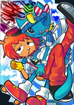 2girls dress furry furry_female gloves hat highres holding katy_kat lammy_(um_jammer_lammy) looking_at_viewer mesmerizer_(vocaloid) multiple_girls parappa_the_rapper roller_skates sharp_teeth skates striped_clothes sweat teeth tongue tongue_out um_jammer_lammy visor_cap xochibunsai yellow_gloves