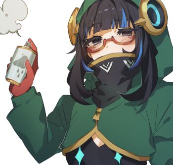 1girl black_hair black_shirt blue_hair blush breasts cropped_jacket eyeliner fate/grand_order fate_(series) glasses gloves green_jacket grey_eyes high_collar hood hooded_jacket jacket long_sleeves looking_at_viewer lowres makeup medium_hair multicolored_hair red_gloves shirt sidelocks small_breasts solo spray_can streaked_hair tenochtitlan_(fate) xrds2588