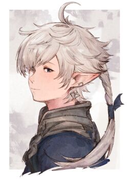 1boy alphinaud_leveilleur blue_eyes blue_jacket border closed_eyes collared_jacket commentary_request cropped_shoulders earrings elezen elf final_fantasy final_fantasy_xiv from_side grey_hair hair_over_one_eye hutaba_0718 jacket jewelry long_pointy_ears looking_to_the_side male_focus one_eye_covered parted_bangs piercing pointy_ears ponytail popped_collar profile short_ponytail sideways_glance single_earring smile solo white_border